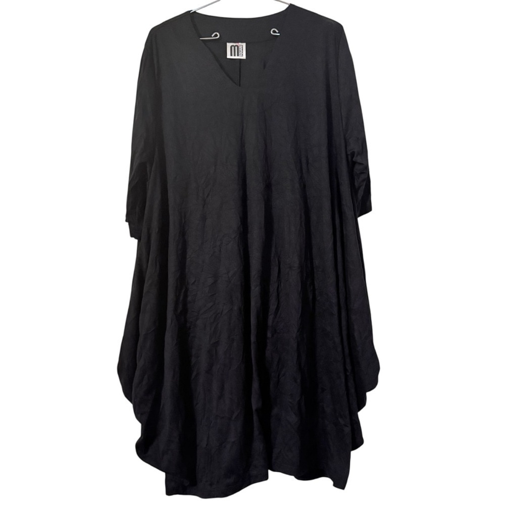 M Square Short Sleeve Mini Dress Black O/S Crinkle Fabric Hip Pockets Lagenlook